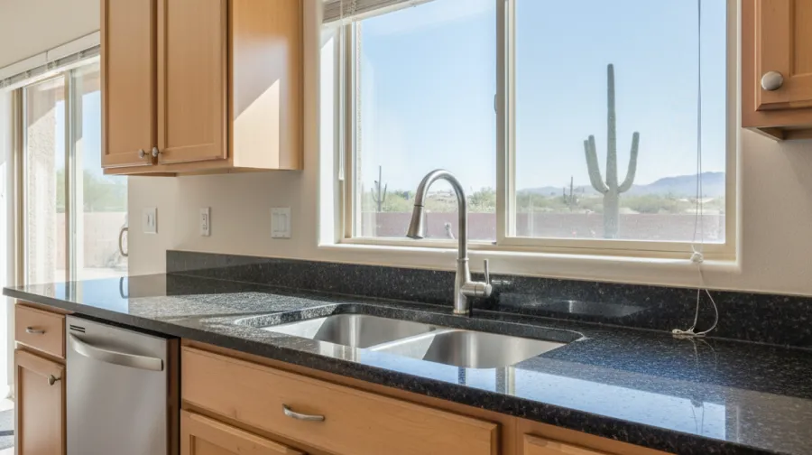 double stainless steel sink with faucet on black granite countertop under window showing cactus outside in kitchen